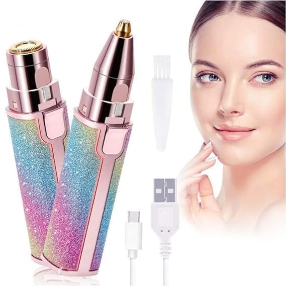 -in-1 USB Rechargeable Flawless Eyebrow Trimmer & Facial Hair Remover for Women – Rainbow Finish, Painless Shaver with LED Light, Multicolour