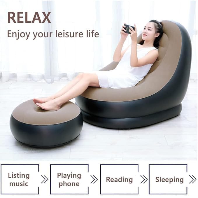 Inflatable Leisure Sofa Chair and Footstool, Outdoor Folding Lounger Flocking Lazy Couch, 2-in-1 Lounge Bed Set Portable Recliner with Air Pump
