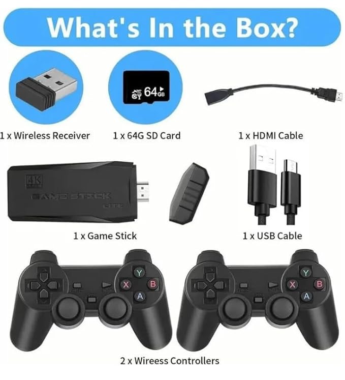 M8 4K HDMI Wireless Game Stick Console with 2 Wireless Controllers & 64GB SD Card, Plug & Play Retro Video Games for TV