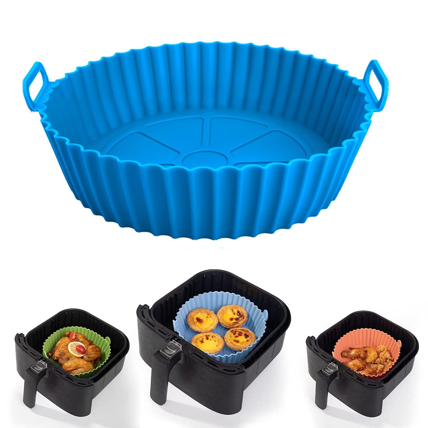 Air Fryer Liners I Silicone Basket Baking Tray I Pot with Ear Handles I Nonstick Reusable Heat Resistant I Cooking Oven Insert Accessories - Multicolor