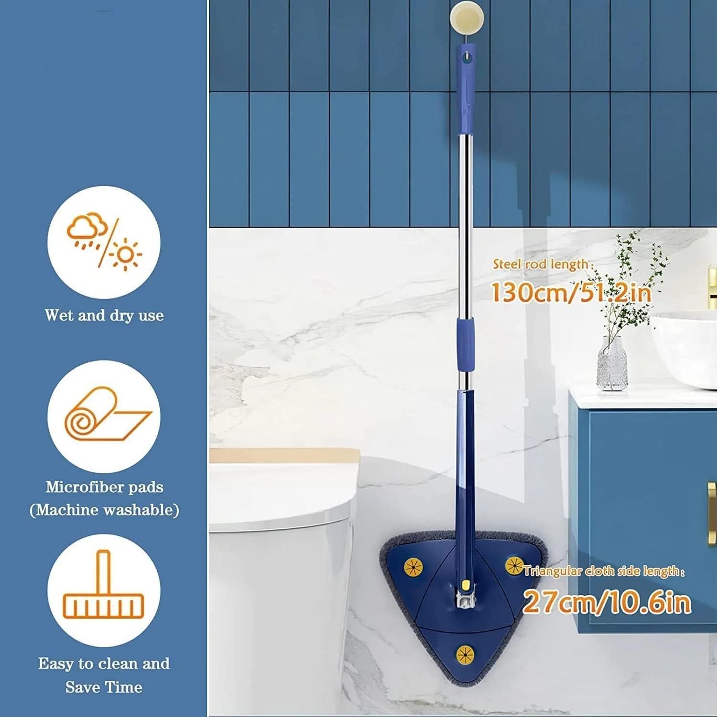 Triangle Mop with 360° Rotating Head, Adjustable Steel Handle, Wet & Dry Cleaning, Navy Blue