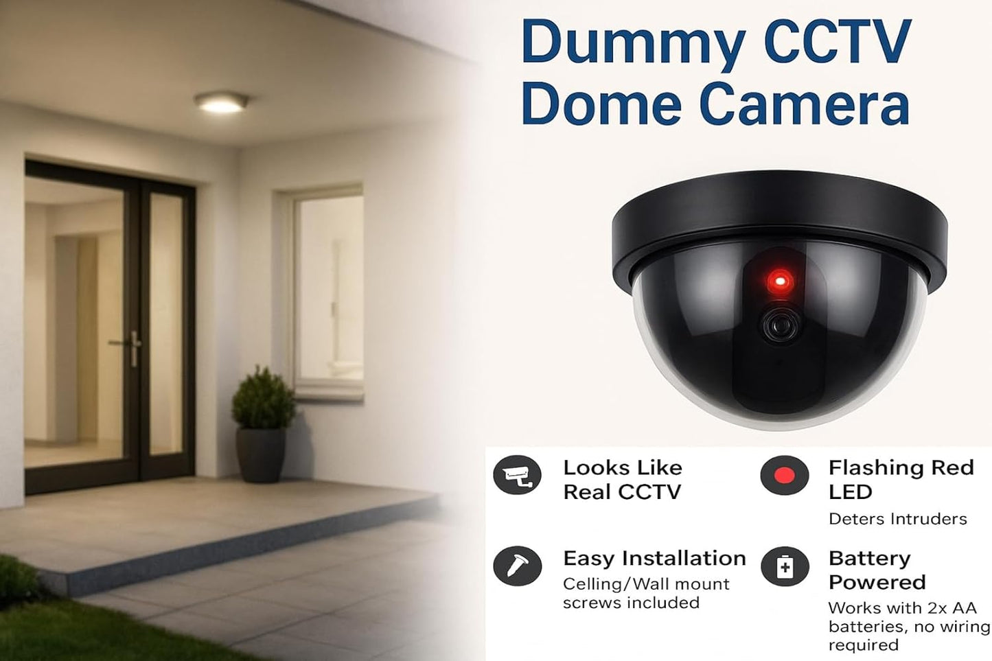 Dummy CCTV Dome Camera with Flashing LED - Battery Powered - Wall or Ceiling Mount