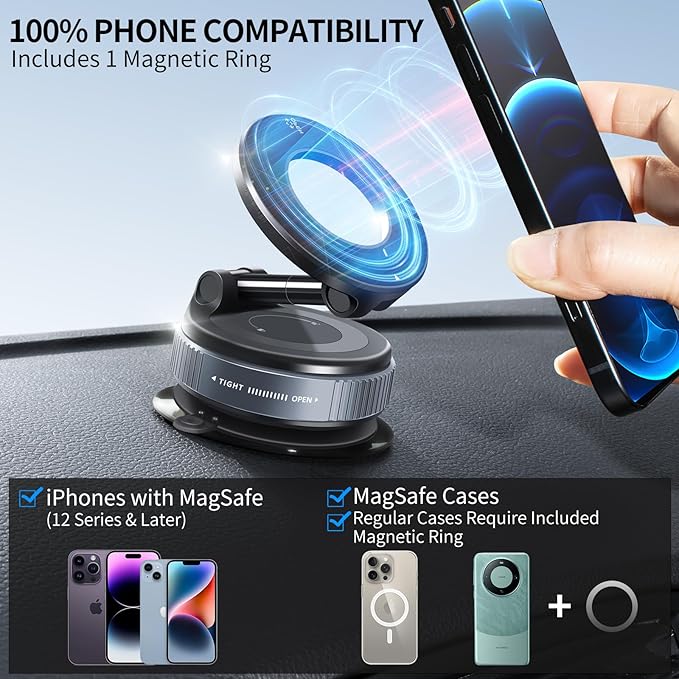 Upgraded Vacuum Magnetic Smartphones Holder Stand, for Magsafe Suction Cup Car Phone Mount, 360° Adjustable, Foldable for All Car & All Cellphones & Gym/Mirror/Kitchen/Smooth Surface
