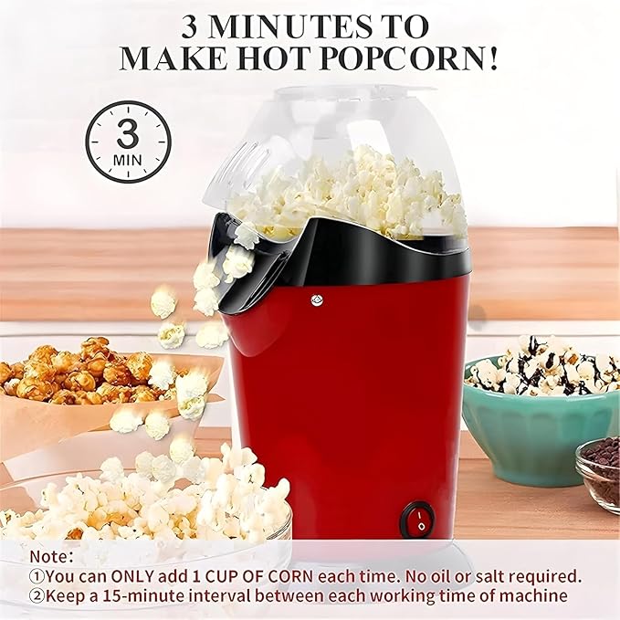 lectric Popcorn Maker Hot Air Popper Machine 1200W | Oil-Free, Healthy Snack Maker for Kids & Adults | Fast Popper for Home, Movie Nights, Parties | Easy One-Touch Operation