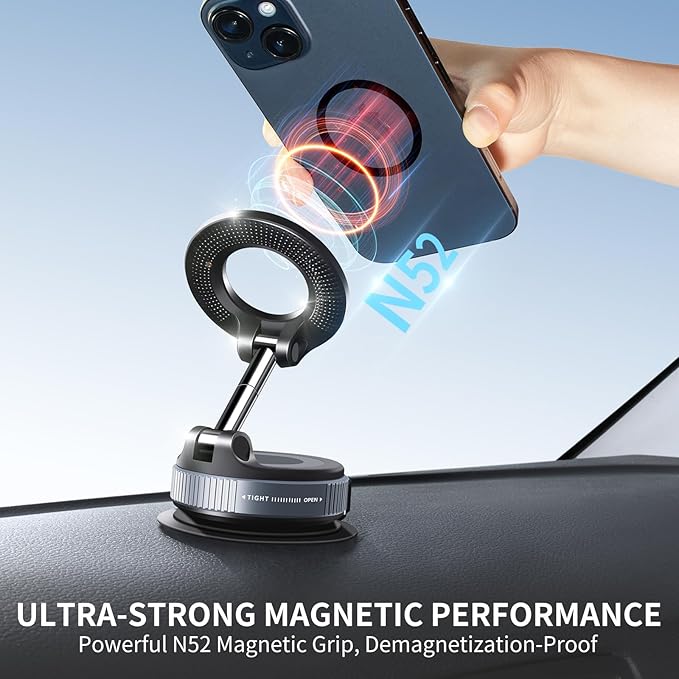Upgraded Vacuum Magnetic Smartphones Holder Stand, for Magsafe Suction Cup Car Phone Mount, 360° Adjustable, Foldable for All Car & All Cellphones & Gym/Mirror/Kitchen/Smooth Surface