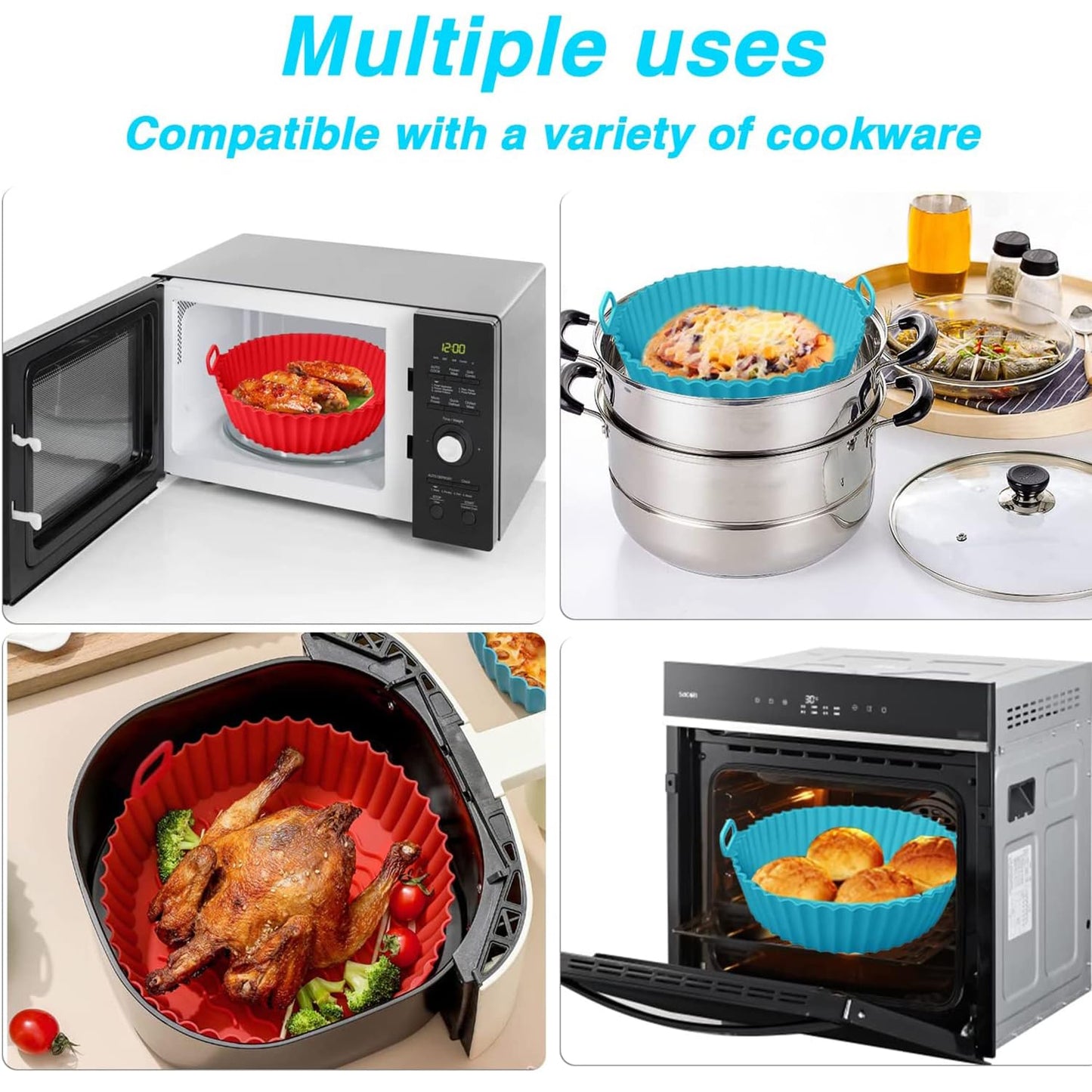 Air Fryer Liners I Silicone Basket Baking Tray I Pot with Ear Handles I Nonstick Reusable Heat Resistant I Cooking Oven Insert Accessories - Multicolor