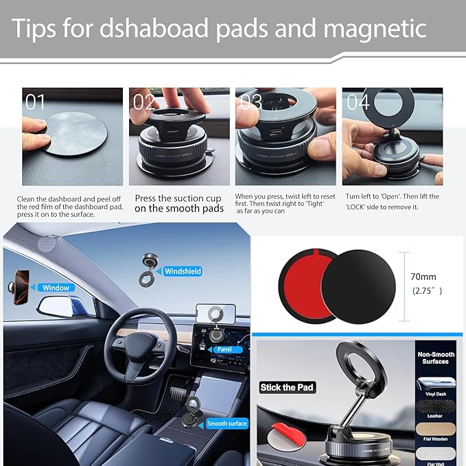 Upgraded Vacuum Magnetic Smartphones Holder Stand, for Magsafe Suction Cup Car Phone Mount, 360° Adjustable, Foldable for All Car & All Cellphones & Gym/Mirror/Kitchen/Smooth Surface
