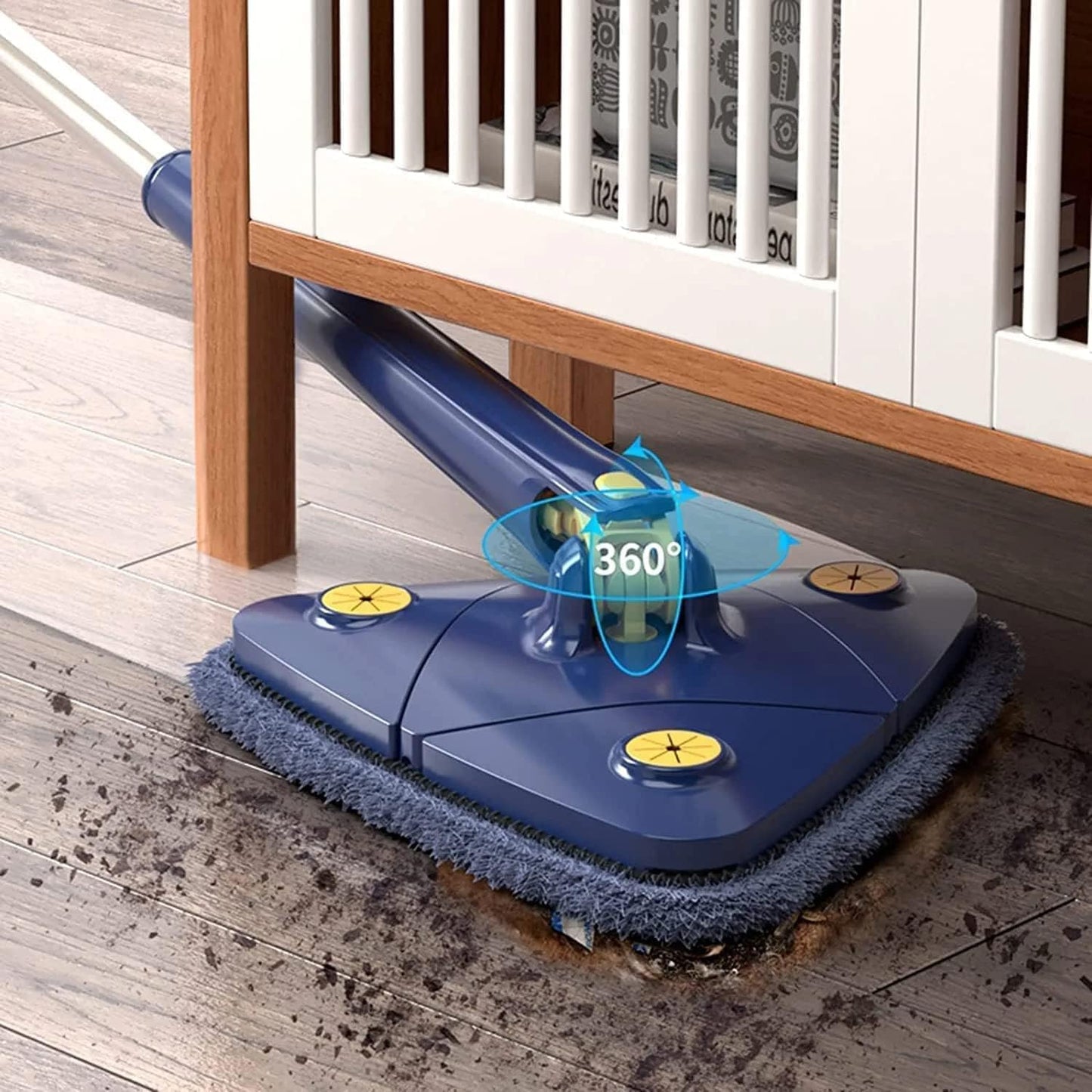 Triangle Mop with 360° Rotating Head, Adjustable Steel Handle, Wet & Dry Cleaning, Navy Blue
