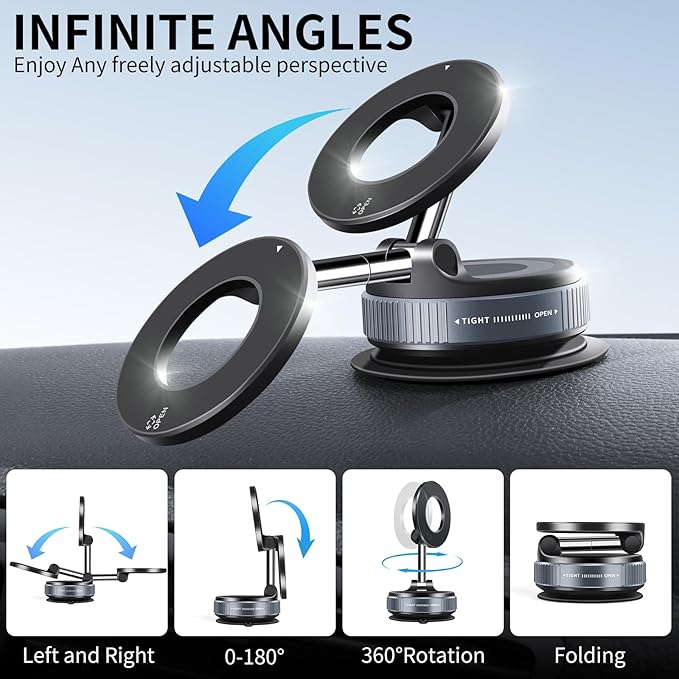 Upgraded Vacuum Magnetic Smartphones Holder Stand, for Magsafe Suction Cup Car Phone Mount, 360° Adjustable, Foldable for All Car & All Cellphones & Gym/Mirror/Kitchen/Smooth Surface