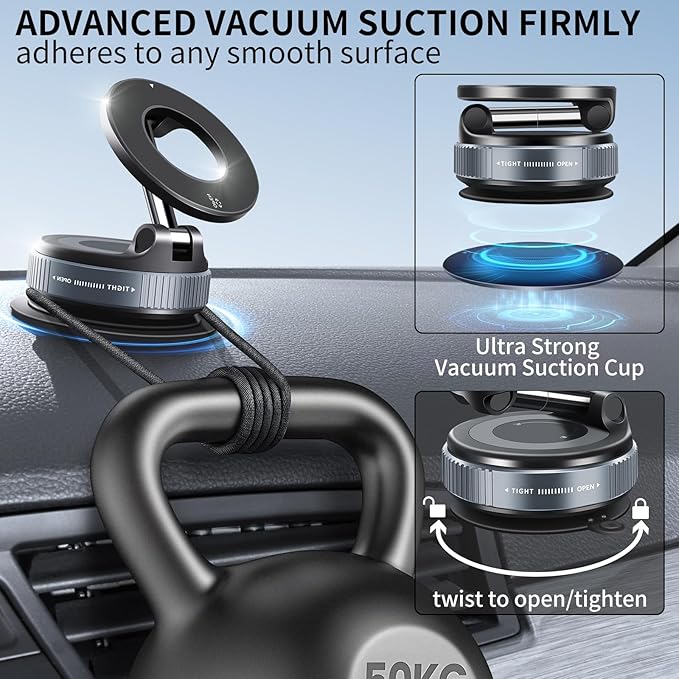 Upgraded Vacuum Magnetic Smartphones Holder Stand, for Magsafe Suction Cup Car Phone Mount, 360° Adjustable, Foldable for All Car & All Cellphones & Gym/Mirror/Kitchen/Smooth Surface
