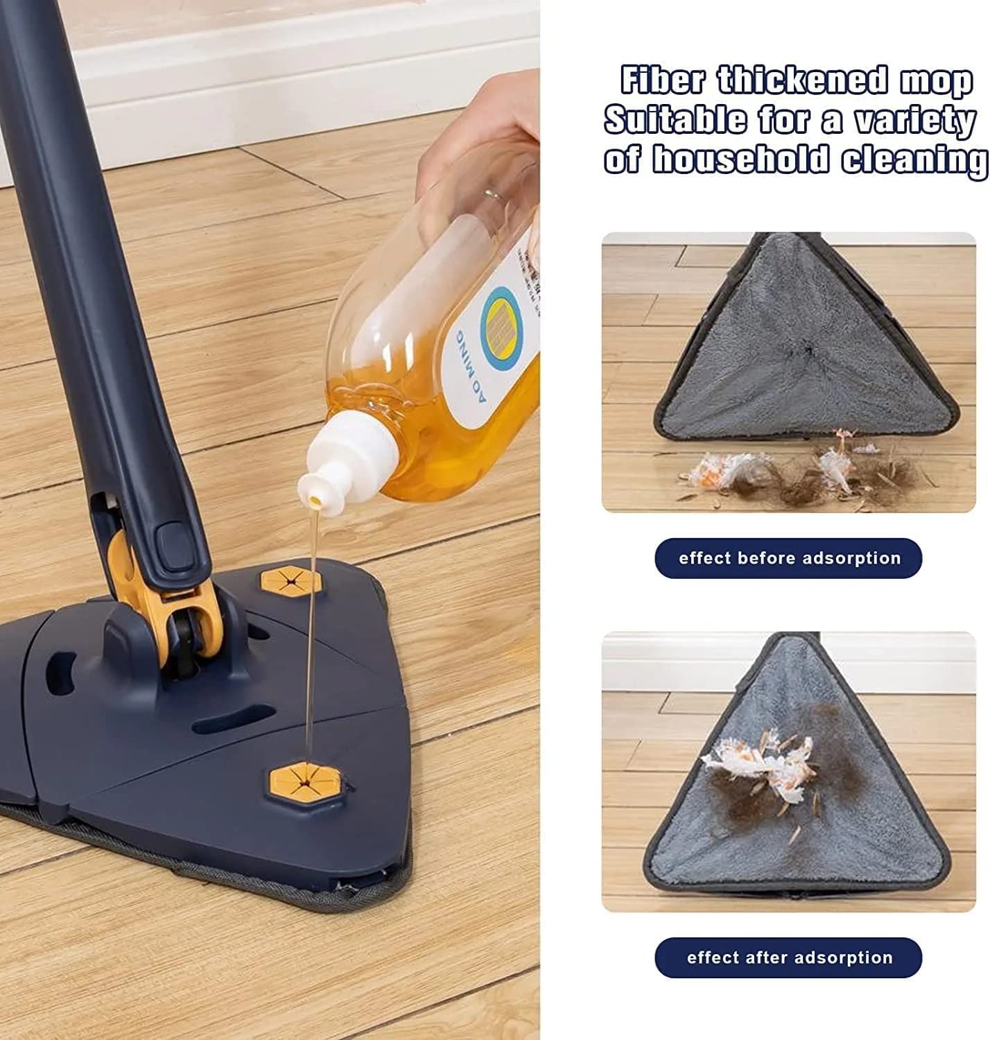 Triangle Mop with 360° Rotating Head, Adjustable Steel Handle, Wet & Dry Cleaning, Navy Blue