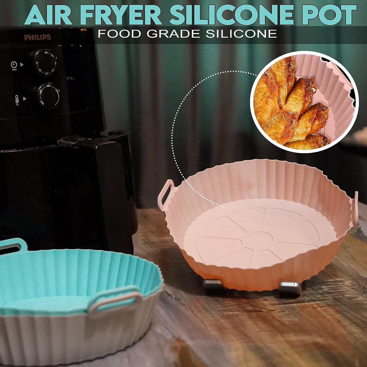 Air Fryer Liners I Silicone Basket Baking Tray I Pot with Ear Handles I Nonstick Reusable Heat Resistant I Cooking Oven Insert Accessories - Multicolor
