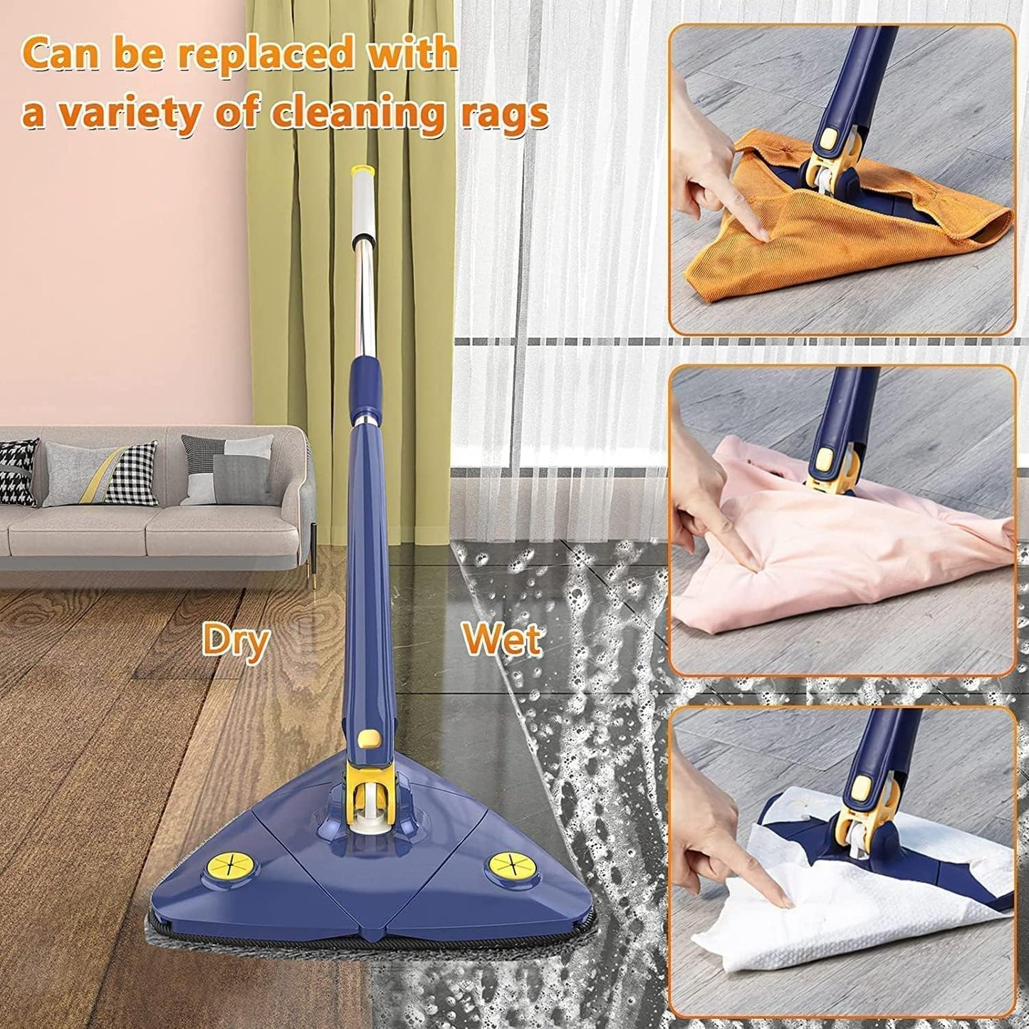 Triangle Mop with 360° Rotating Head, Adjustable Steel Handle, Wet & Dry Cleaning, Navy Blue