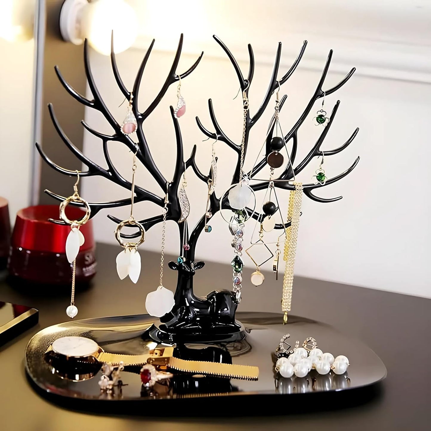 Plastic Deer/Antlers Jewelry Holder Deer Tree | Creative Deer Tree Tray Display Stand Holder (Black)