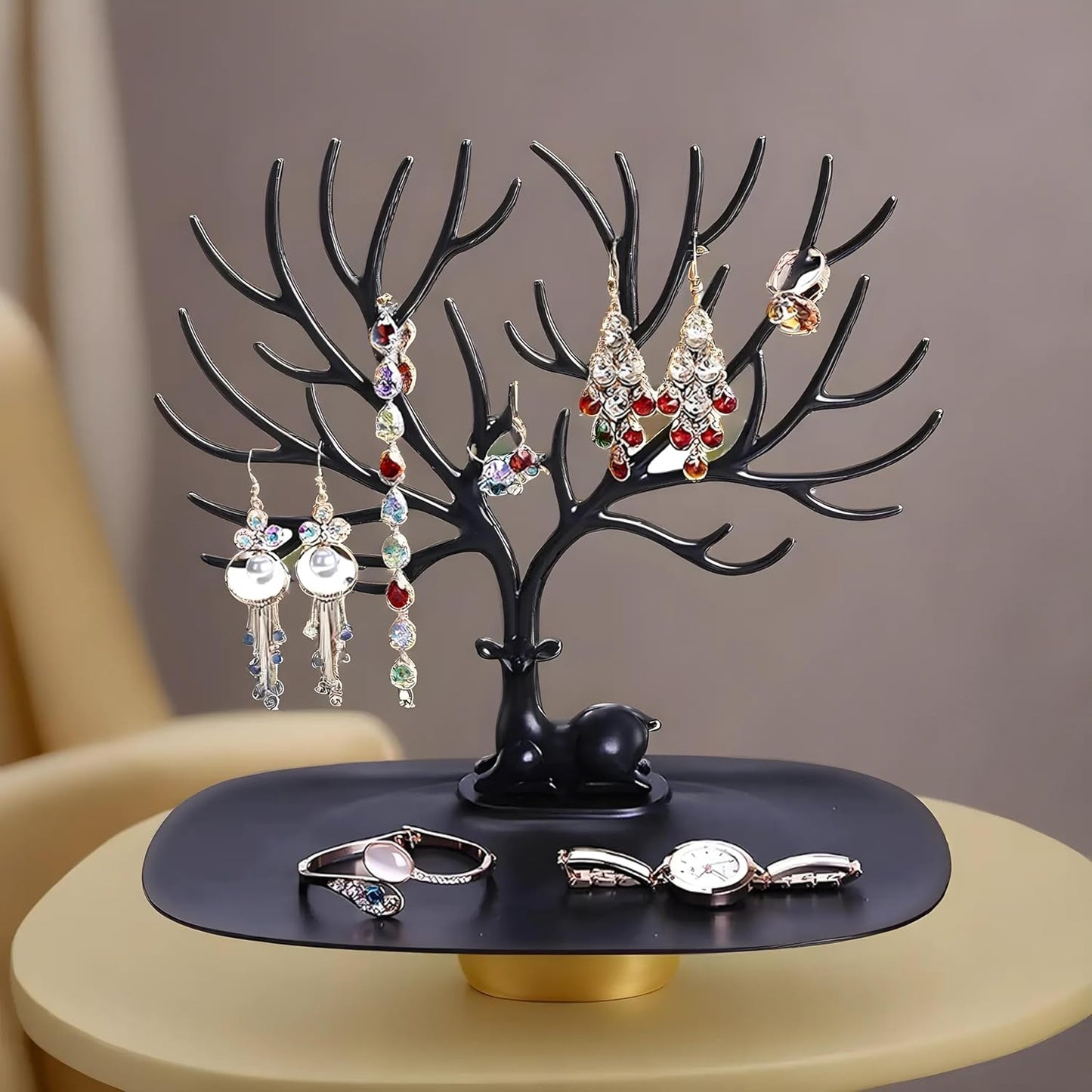 Plastic Deer/Antlers Jewelry Holder Deer Tree | Creative Deer Tree Tray Display Stand Holder (Black)