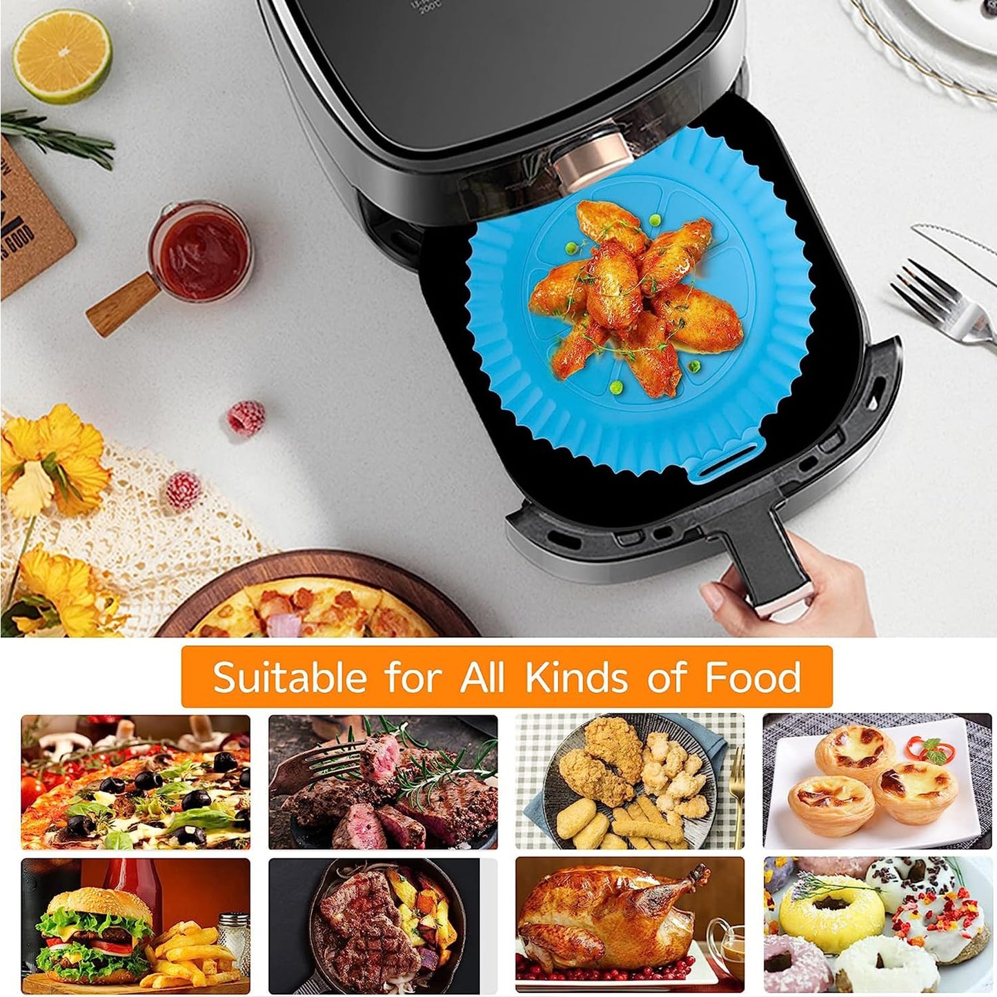 Air Fryer Liners I Silicone Basket Baking Tray I Pot with Ear Handles I Nonstick Reusable Heat Resistant I Cooking Oven Insert Accessories - Multicolor