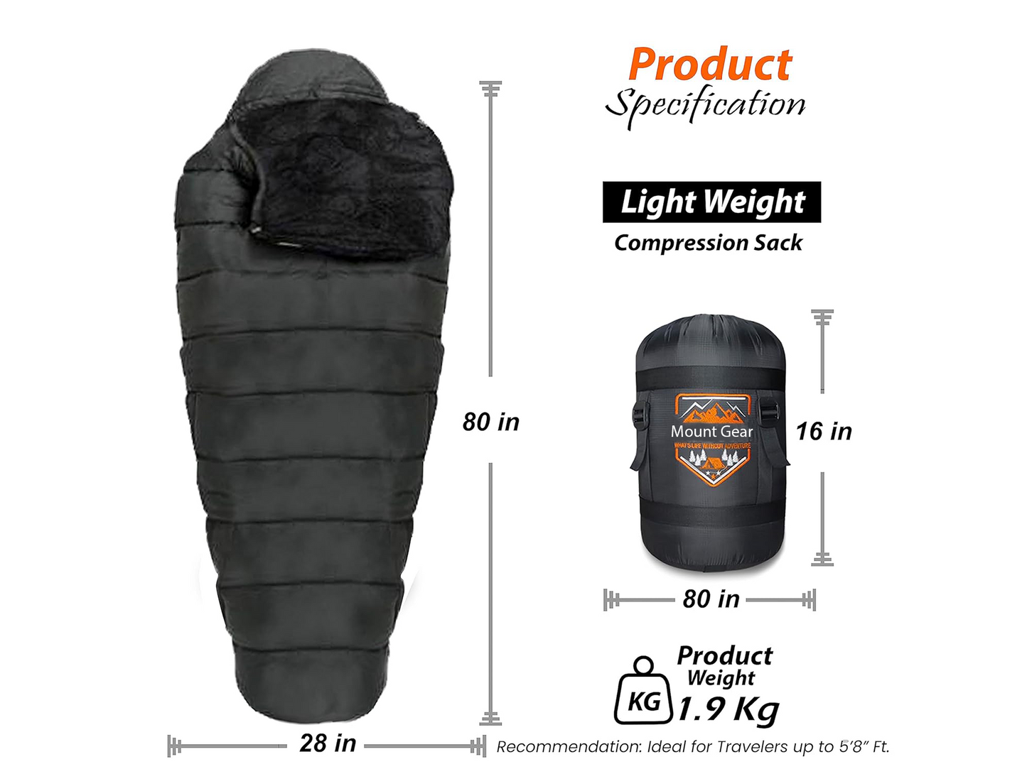 Mount Gear Sleeping Bag Imported Fur Temperature Range 0 To -5 Degree